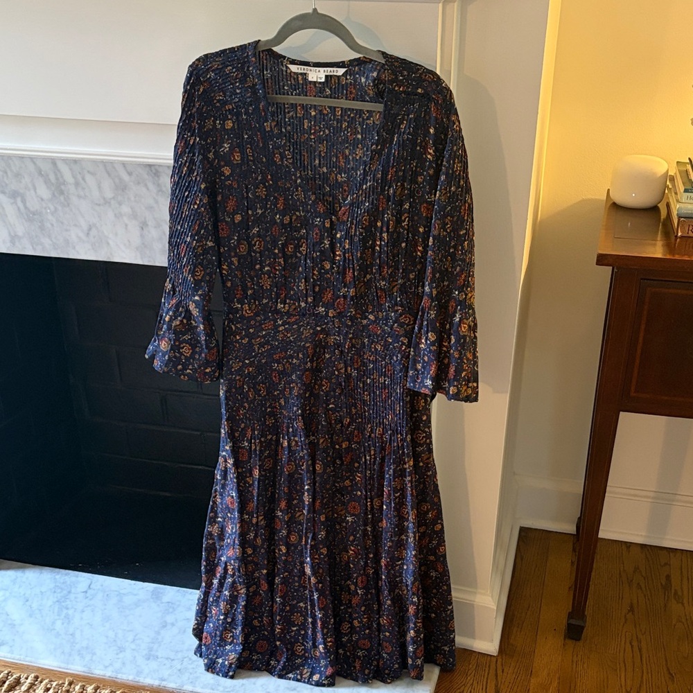 Veronica Beard Navy Floral Midi Dress with Rust Accents